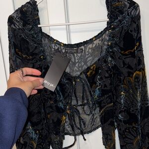 Nasty Gal teal and Gold Patterned Velvet Top